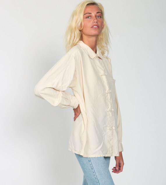 minimalist vintage button down large 90/'s blue silk blouse short sleeve collared shirt
