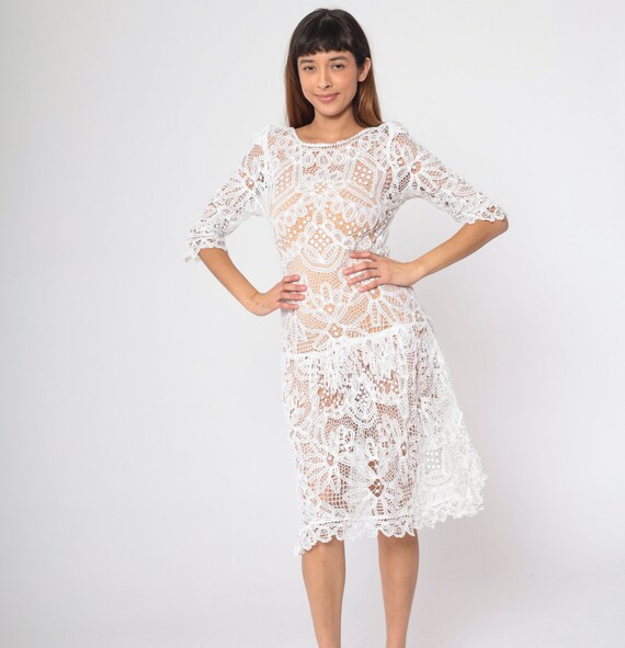 White Cutout Dress 90s Sheer Floral Midi Dress Bali Cutwork Boho Cut Out Summer Festival Drop Waist Puff Sleeve Boho Vintage 1990s Small S