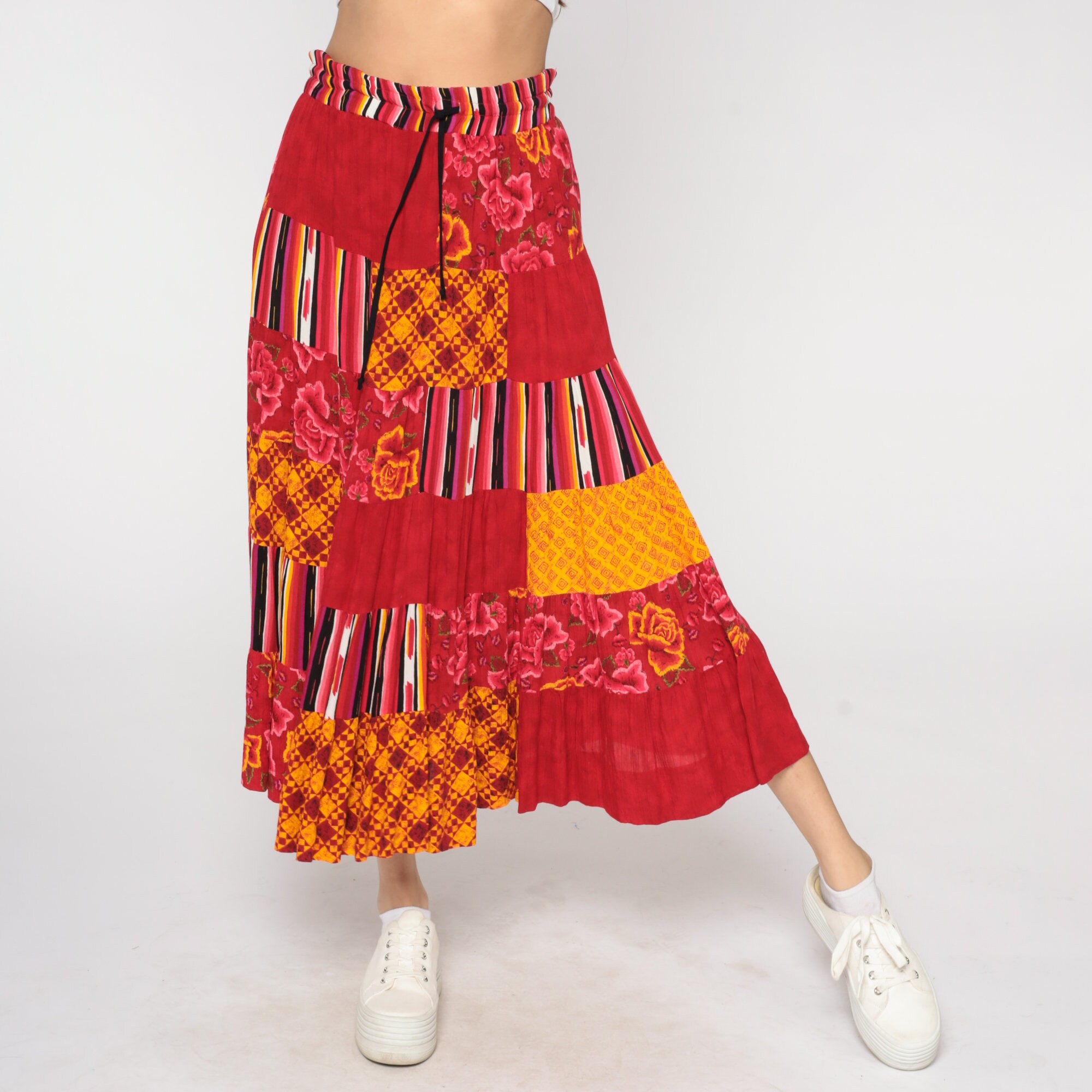 Patchwork Broomstick Skirt 90s Red Maxi Skirt Boho Hippie Floral Grunge