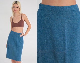 60s Pencil Skirt Blue Midi Skirt Wool Skirt High Waisted Hippie Secretary Fitted Wiggle Skirt Work Office Retro 1960s Vintage Small