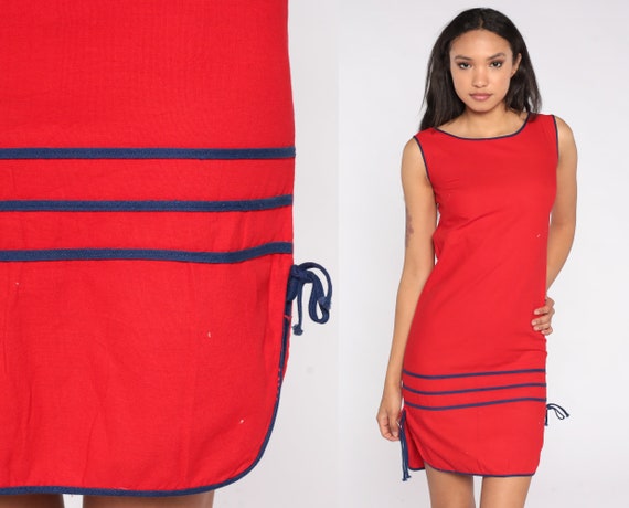 Red Mini Dress Sheath Dress 80s Plain Dress Sleeveless Striped Side Slit Bow Dress Hipster Retro Vintage Normcore Basic Extra Small xs