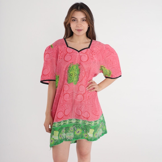 Hawaiian Squid Dress 90s Alien Octopus Mini Dress Puff Sleeve Shift Retro Boho Pink Tropical Dress Rave Summer Vintage 1990s Extra Large xl