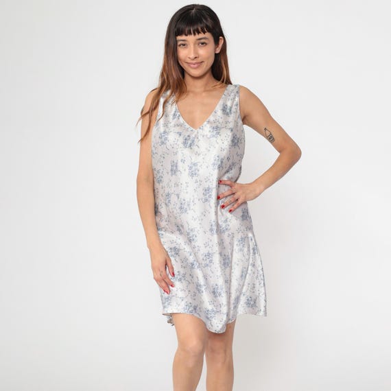 90s Floral Slip Dress White Satin Chemise Bouquet Print Lingerie Vintage Deep V Neck Lingerie Nightgown Mini Sleep Blue Minidress Large L