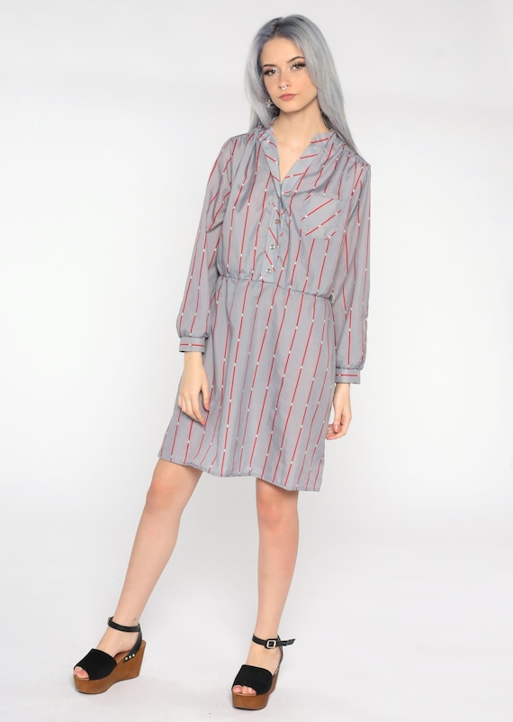 80s Striped Dress Grey Mini Dress Shirtdress High Waisted Secretary Dress Vintage 1980s button up Minidress Red Medium