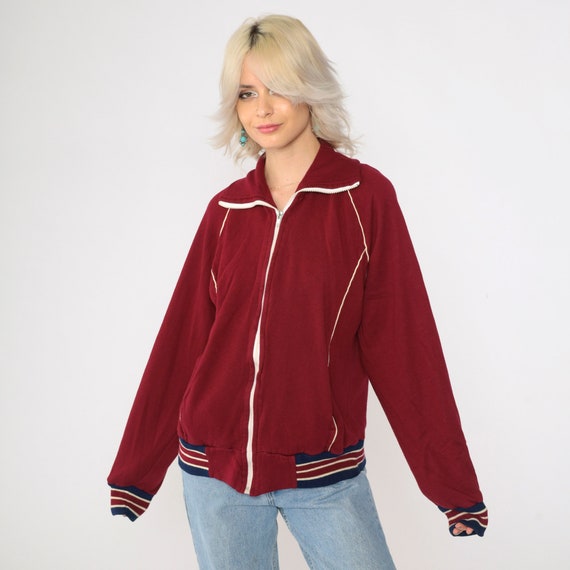 Burgundy Track Jacket 80s Zip Up Sweatshirt Basic Bomber White Striped Warmup Streetwear Retro Athletic Raglan Vintage 1980s Medium M