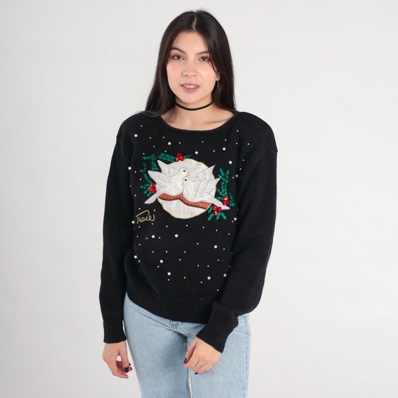 Christmas Dove Sweater Y2K Beaded Black Peace Sweater Pullover Sweater Xmas Holiday Ramie Cotton Slouchy Sweater Retro Vintage 00s Large L