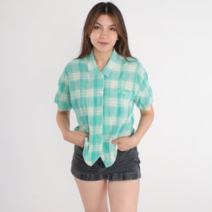 Plaid Blouse 90s Button Up Shirt Short Sleeve Top White Mint Green Checkered Print Retro Preppy Casual Summer Cotton Vintage 1990s Medium M