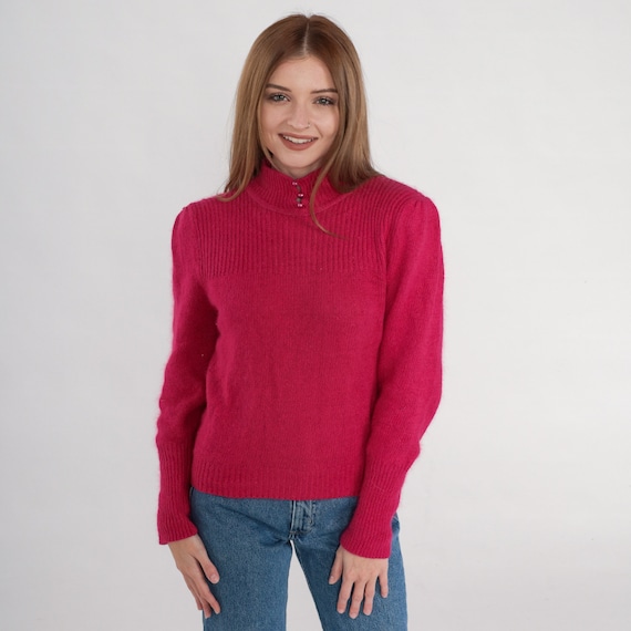 Deep Pink Sweater 80s Button Neck Knit Pullover Mock Neck Sweater Puff Sleeve Button Up Jumper Knitwear Silk Angora Vintage 1980s Medium M