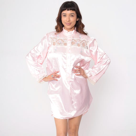 Pink Nightgown 90s Mini Lace Trim Embroidered Floral Ruffle Sleeve Coquette Sleep Shirt Knee Length Fairycore Sleepwear Vintage Medium M