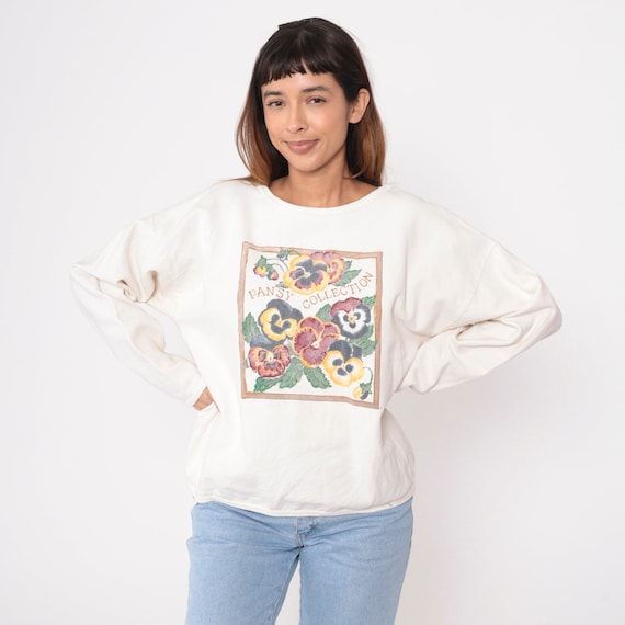 Pansy Sweatshirt 90s Cream Floral Sweatshirt Cotton Off-White Jumper Shirt 1990s Graphic Garden Sweater Pullover Vintage Retro Medium Large
