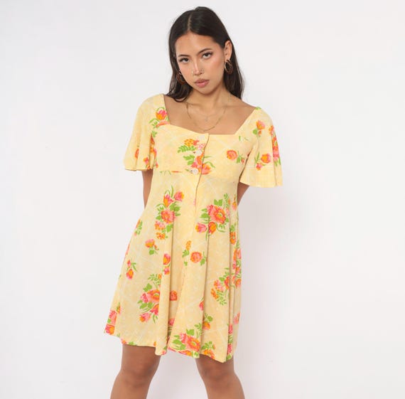 70s Floral Mini Babydoll Dress Yellow Pink Flutter Sleeve Square Neck Empire Waist Fit Flare Cottagecore Prairie Vintage Extra Small XS