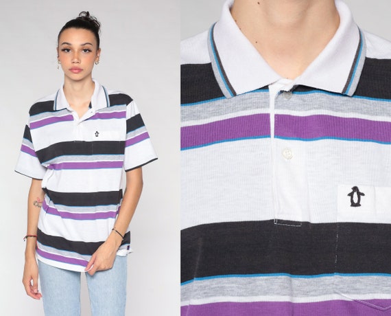 Penguin Shirt 90s Striped Polo Shirt Retro Preppy… - image 1