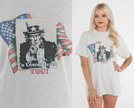Patriotic Shirt Y2K USA T-Shirt Osama I'm Coming After You Graphic Tee Uncle Sam TShirt Funny America War On Terror Vintage 00s Medium M