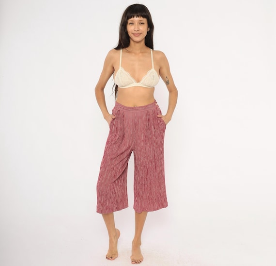 80s Pleated Culottes Burgundy Wine Striped Wide Leg Cropped Pants Leslie Fay Pleats High Waist Gaucho Trousers Cranberry Palazzo Medium M