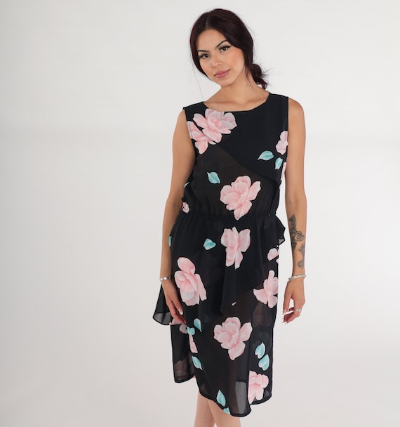 Black Floral Dress 90s Midi Dress Semi-Sheer Flower Rose Print Sleeveless Asymmetrical Ruffle Peplum Garden Party Pink Vintage 1990s Small S