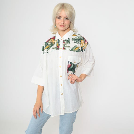 90s Button Up Shirt Tropical Floral Blouse Yoke Shirt Summer Top Long 3/4 Sleeve Top Chest Pocket Shirt Boho 1990s Vintage Plus Size 20 2xl