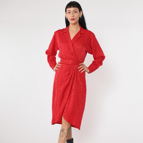 Vintage Red Silk Dress 90s Wrap Dress Belted Embossed Mosaic Midi Dress V Neck High Waist Long Sleeve Retro 1990s Extra Small xs Petite
