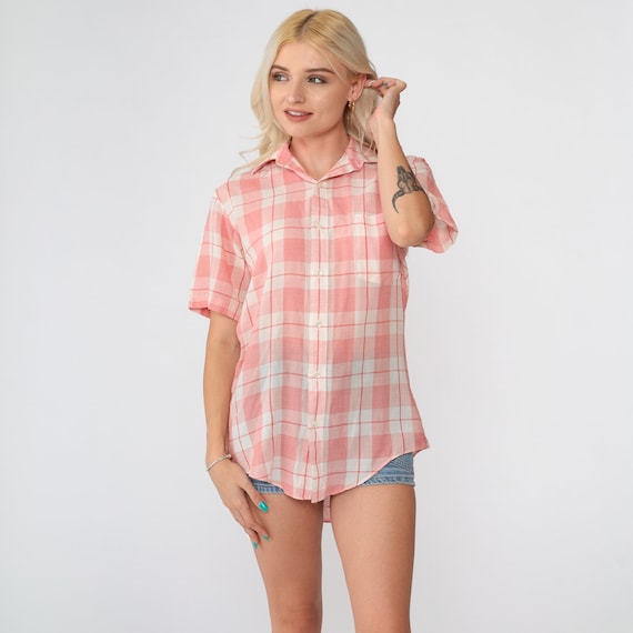 Red Plaid Shirt 80s Checkered Button Up Shirt White Retro Preppy Short Sleeve Collared Top Check Print Vintage 1980s Small S