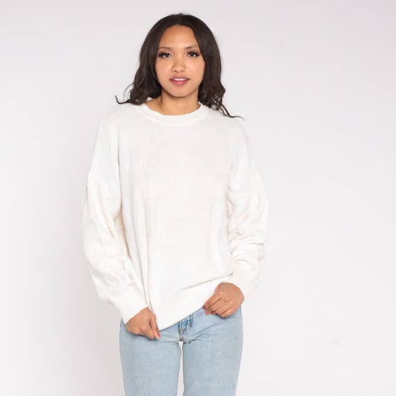 Cable Knit Sweater 80s White Cream Cotton Crew Neck Vintage Preppy Classic Academic Scholar University Professor Library Cozy Large L