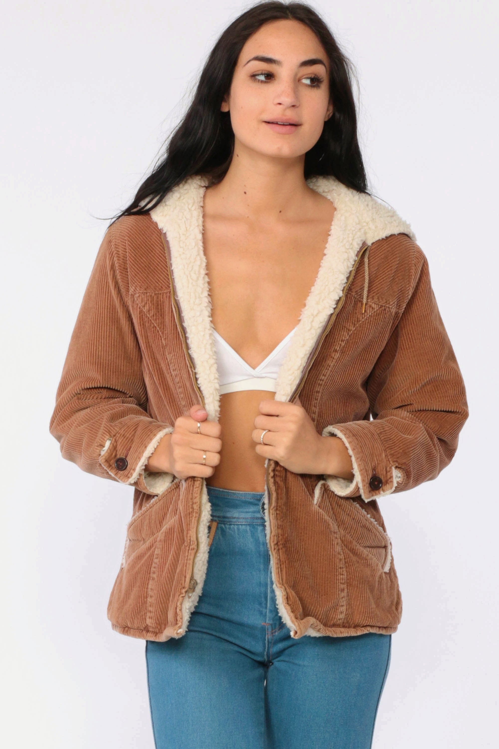 Hooded Corduroy Jacket 70s Hood Coat SHERPA Brown Hoodie Faux Shearling Vintage 1970s Boho 