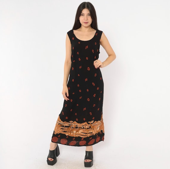 Safari Giraffe Print Maxi Dress 90s Black Sleeveless Scoop Neck Animal Border Leopard Spot Tie Back Summer Tank Frock Plus Size 1X