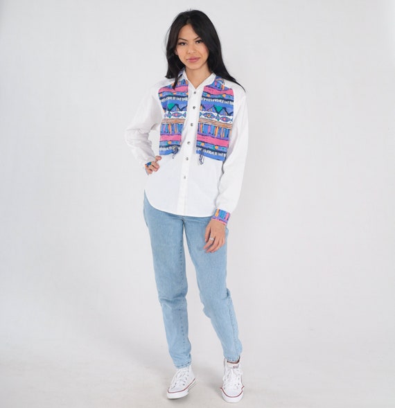 Southwestern Blouse 90s Button Up Collared Western Shirt Layered Yoke Concho Rodeo Long Sleeve White Purple Pink Green Vintage 1990s Medium