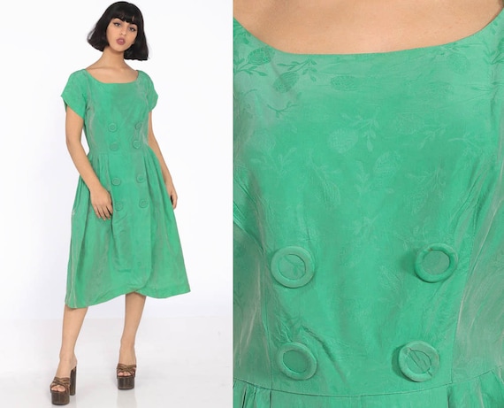 1960s Party Dress Green Taffeta Prom Dress 60s Tea Length Formal Midi Fit and Flare Vintage Mad Men Cocktail 50s Full Skirt Small