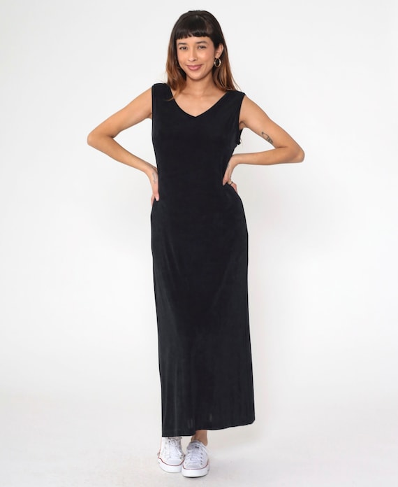 Black Maxi Dress 90s Stretchy V Neck Long Dress Grunge Sleeveless Tank Dress Simple Basic Plain Minimalist Day Dress Vintage 1990s Medium M