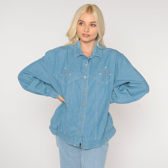 Studded Denim Shirt 90s Embellished Blue Jean Shirt Southwestern Button Up Top Western Top Vintage 1990s Long Sleeve Blouse Southwest Large