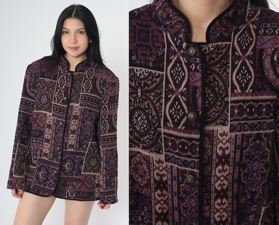 90s Patchwork Tapestry Jacket Vintage Purple Geom… - image 2