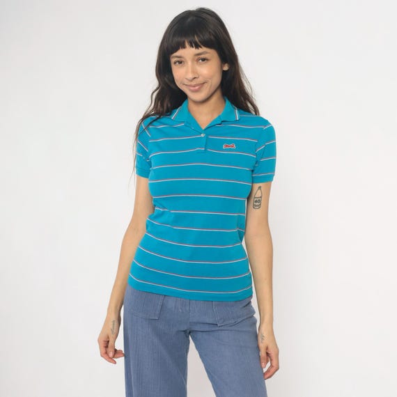 Le Tigre Polo 90s Striped Blue Turquoise Red White Horizontal Preppy Collared Vintage Sportswear Casual Athletic Tennis Shirt Extra Large XL