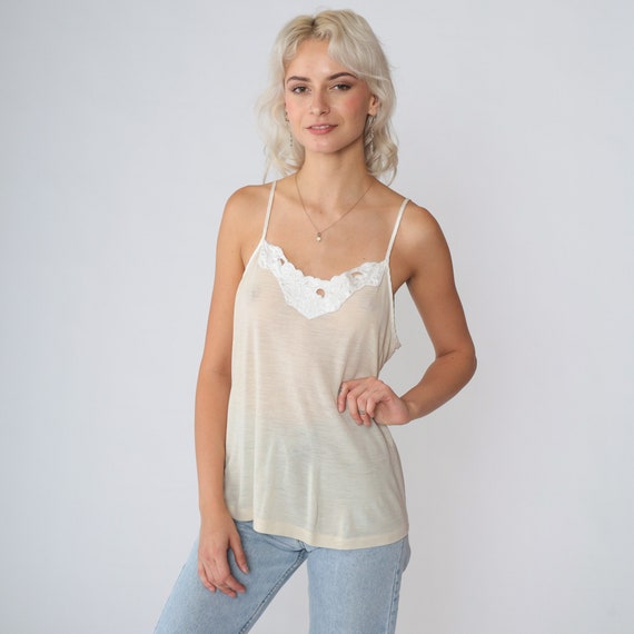 Beige Camisole 90s Cami Lingerie Tank Top Semi-Sheer White Floral Applique Sleeveless Romantic Sleep Shirt Loungewear Vintage 1990s Medium