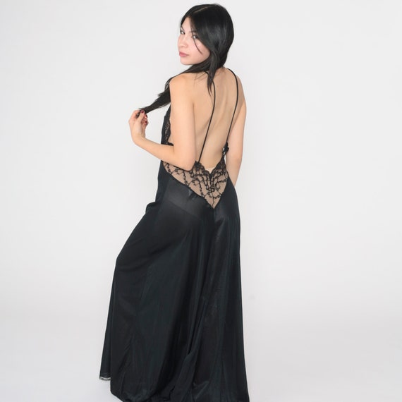 Black Lace Nightgown 80s Lingerie Maxi Slip Dress Low Open Back Sleeveless Backless Romantic Intimate Goth Sexy Boho Vintage 1980s Medium M