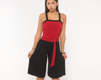 Y2K Red Sparkle Jumpsuit Romper Black Wide Leg Culottes Glitter Ruched Bodice Ring Belt Gaucho Palazzo Going Out Club Vintage Extra Small XS