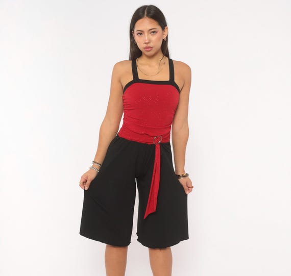 Y2K Red Sparkle Jumpsuit Romper Black Wide Leg Culottes Glitter Ruched Bodice Ring Belt Gaucho Palazzo Going Out Club Vintage Extra Small XS