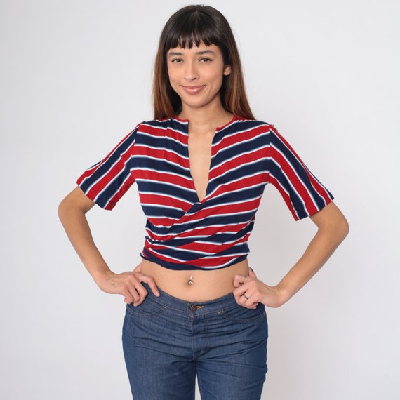 70s Wrap Blouse Red White Blue Striped Crop Top Cropped Deep V Neck Boho Blouse Hippie Short Sleeve Shirt 1970 Retro Medium Large 10/12