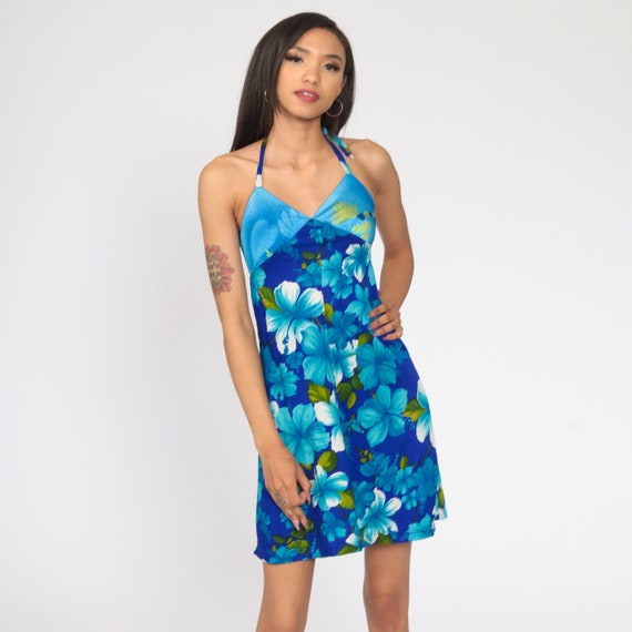 Halter Neck Dress Blue Floral Print 70s Mini Dres… - image 3