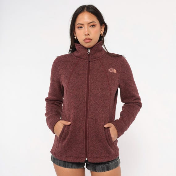 Burgundy North Face Fleece Sweater Knit Jacket High Collar Wine Outdoor Hiking Trail Gorpcore Maroon Pullover Cranberry Coat Small Petite SP