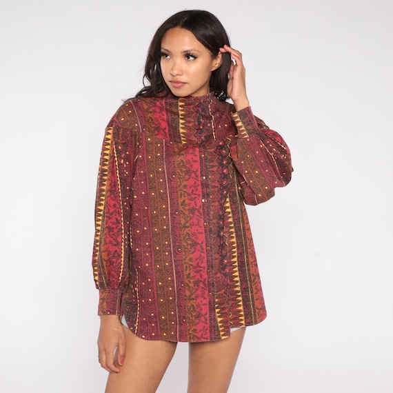 Bohemian Button Up 90s Burgundy Wine Red Gold Geometric Print Long Sleeve Tribal Folk Blouse Autumn Winter Mike & Me Moon Craft One Size