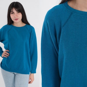 Blue Crewneck Sweatshirt 80s Sweatshirt Raglan Sleeve Sweater Retro Basic Plain Long Sleeve Slouchy Pullover 1980s Vintage Sweat Shirt Large