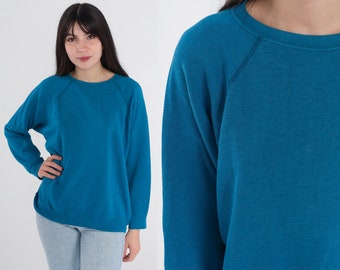 Blue Crewneck Sweatshirt 80s Sweatshirt Raglan Sleeve Sweater Retro Basic Plain Long Sleeve Slouchy Pullover 1980s Vintage Sweat Shirt Large