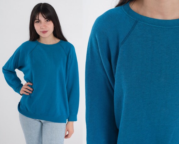 Blue Crewneck Sweatshirt 80s Sweatshirt Raglan Sleeve Sweater Retro Basic Plain Long Sleeve Slouchy Pullover 1980s Vintage Sweat Shirt Large