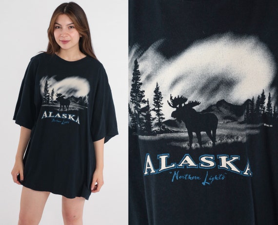 Alaska Moose Shirt Y2K Northern Lights T-Shirt Nature Wildlife Animal Astronomy Graphic Tee AK Tourist Travel Souvenir Vintage 00s 2xl xxl