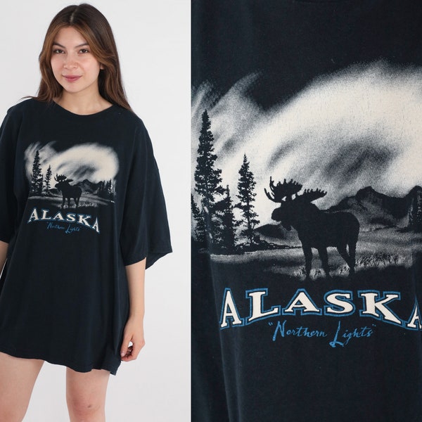 Alaska Moose Shirt Y2K Northern Lights T-Shirt Nature Wildlife Animal Astronomy Graphic Tee AK Tourist Travel Souvenir Vintage 00s 2xl xxl