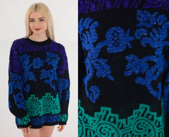 Metallic Knit Sweater 80s Sparkly Pullover Sweater Black Purple Blue Green Abstract Swirl Pomegranate Floral Print Vintage 1980s Medium M