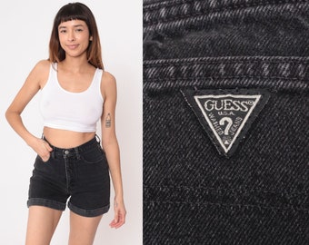 Guess Jean Shorts 90s Black Cuffed Denim Shorts Retro High Waisted Shorts 1990s Vintage Small 27