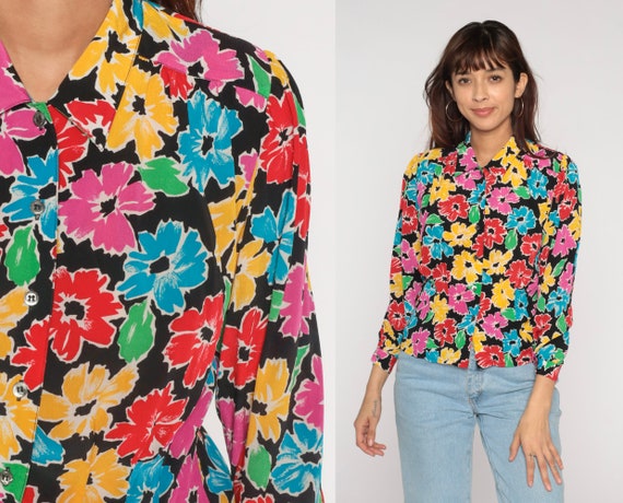 Floral Blouse 90s Bright Button Up Shirt Long Sleeve Top Colorful Flower Print Retro Secretary Rayon Vintage 1990s Liz Claiborne Small S 6