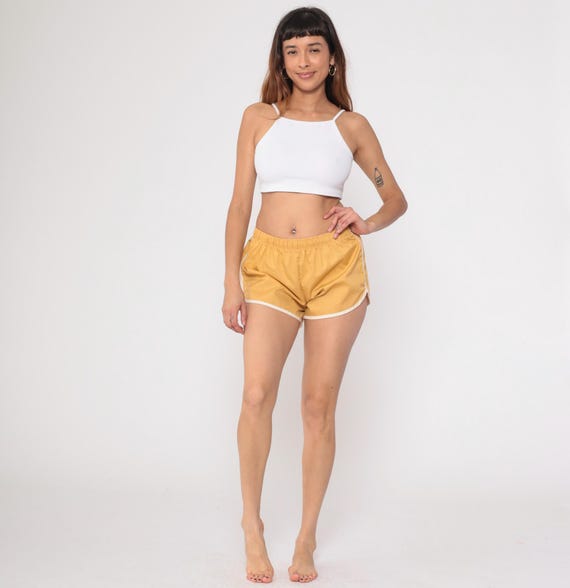 80s Running Shorts Tan Cotton Athletic Gym Track Tennis White Trim Vintage Sport Short Mini Length High Waist Swim Medium M