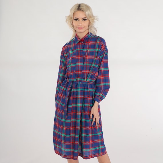 Plaid Shirt Dress 80s Button Up Midi Dress Blue Red Green Checkered Secretary Shirtdress High Waist Long Sleeve Vintage 1980s Medium Petite
