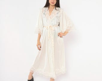 80s Bell Sleeve White Lace Robe Long Peignoir Floral Lace Yoke Ruffle Trim Ivory Bridal Lingerie Gown Coquette Cottagecore Vintage Medium M